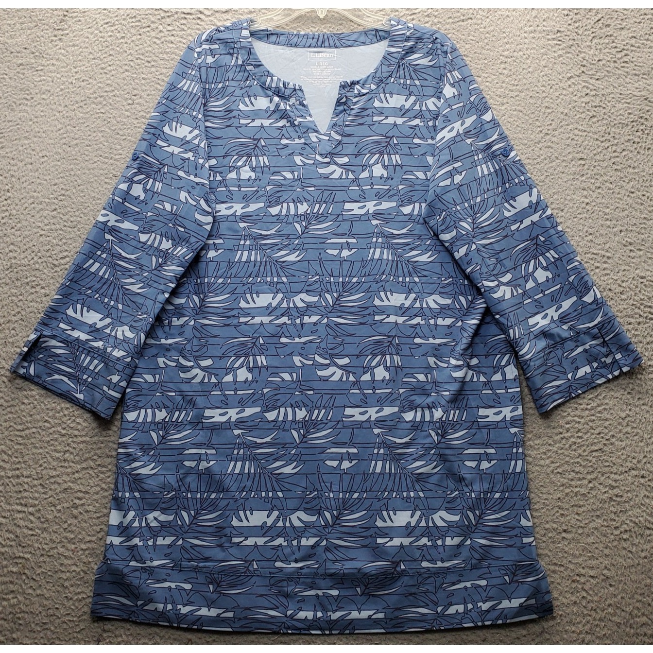 L.L. Bean Tunic Dress Womens Large Multi Tropical Leaf Split V Neck Side Slit